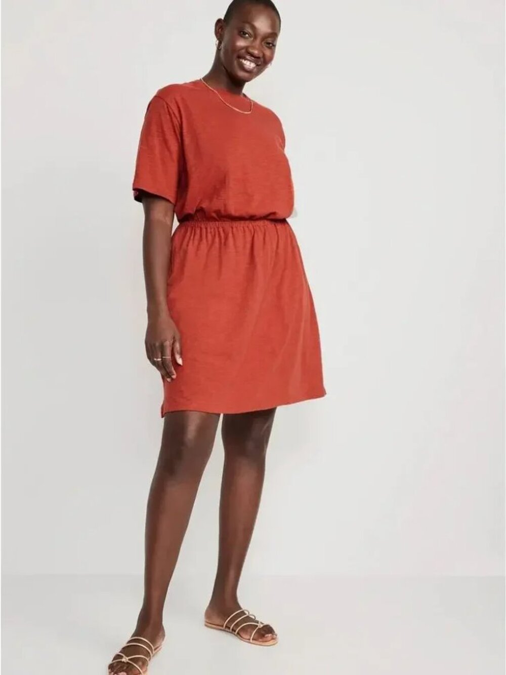 Old Navy Waist Defined Short Sleeve Fox Orange Slub Knit Mini Dress